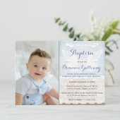 Angel Wings Burlap Lace Baby Boy Baptism PhotoCard Kaart (Staand voorkant)