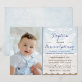 Angel Wings Burlap Lace Baby Boy Baptism PhotoCard Kaart (Voorkant / Achterkant)