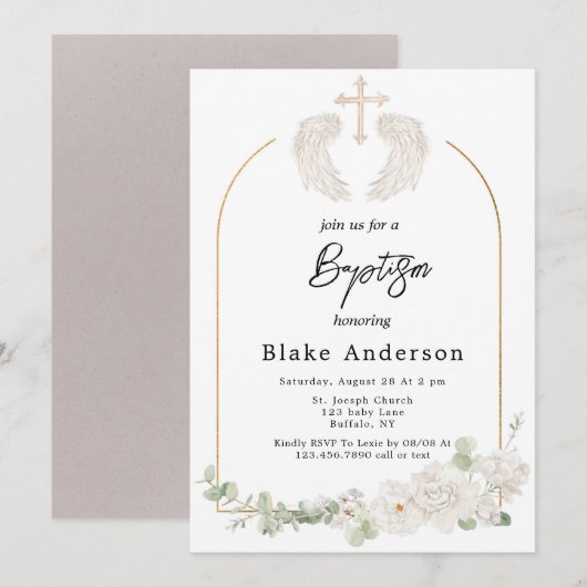 Angel Wings Cross Gold Baby Doop Kaart (Voorkant / Achterkant)