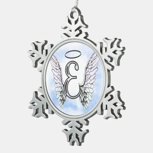 Angel Wings en Halo Monogram Letter E Tin Sneeuwvlok Ornament (Rechts)