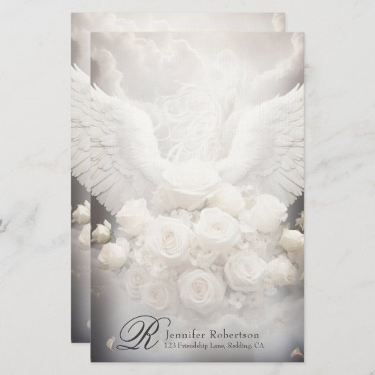 Angel Wings en Rozen Monogram Stationery Briefpapier (Voorkant / Achterkant)