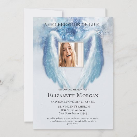 Angel Wings Foto Blauw Viering van het Leven Kaart (Voorkant)
