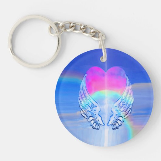 Angel Wings gewikkeld rond een regenbooghart Sleutelhanger (Voorkant)