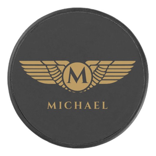 Angel Wings  Golden Name Initiaal Monogram Hockey Puck (Voorkant)