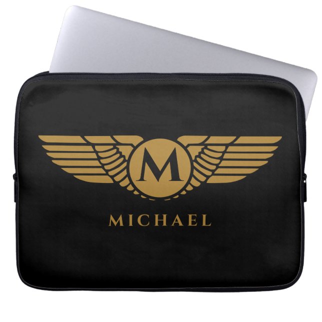 Angel Wings  Golden Name Initiaal Monogram Laptop Sleeve (Voorkant)
