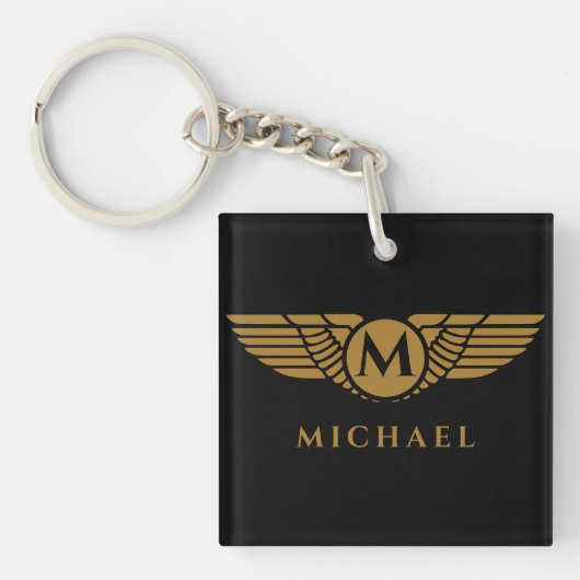 Angel Wings  Golden Name Initiaal Monogram Sleutelhanger (Voorkant)