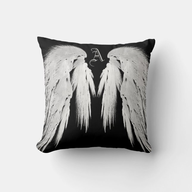 ANGEL WINGS Grey Touch Feathers Custom Monogram Kussen (Voorkant)