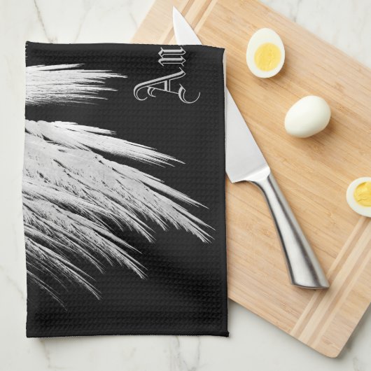 ANGEL WINGS Grey Touch Feathers Custom Name Theedoek (Quarter Fold)