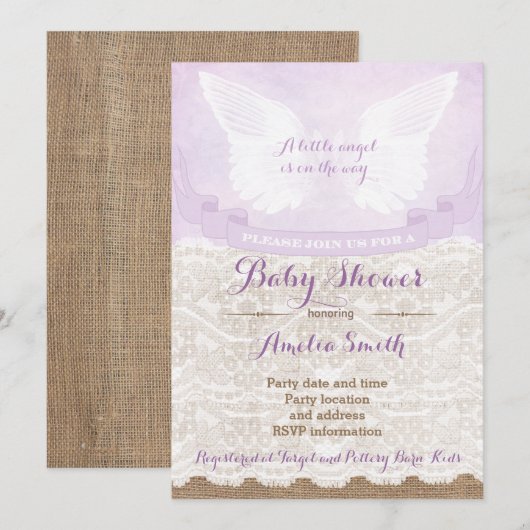 Angel Wings Lila Baby shower Party Kaart (Voorkant / Achterkant)