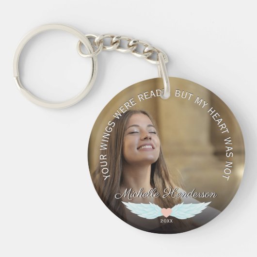 Angel Wings Memorial Foto & Sympathie Quote Sleutelhanger (Voorkant)