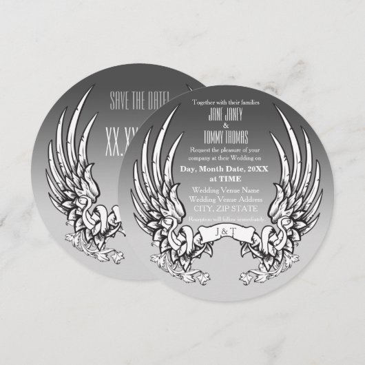 Angel Wings & Ribbon Banner Wedding Invitation Save The Date (Voorkant / Achterkant)