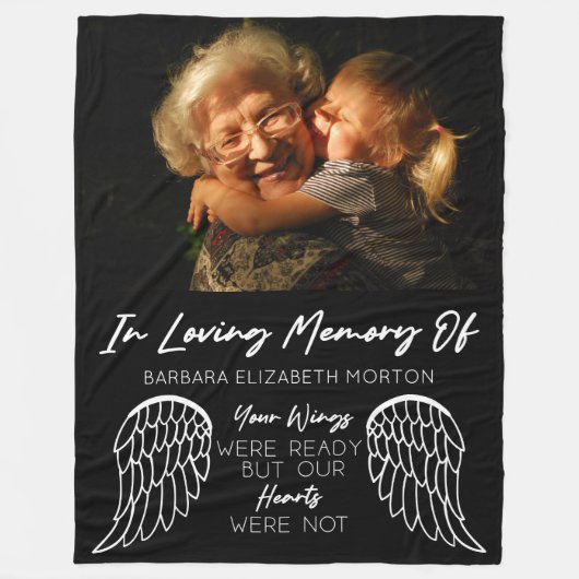 Angel Wings Zwart Aangepaste Foto Memorial Gift Fleece Deken (Voorkant)