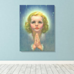 Angelic Blond Girl met Halo en Stars Praying Canvas Afdruk