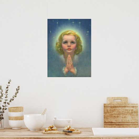 Angelic Blond Girl met Halo en Stars Praying Poster (Keuken)
