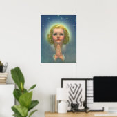 Angelic Blond Girl met Halo en Stars Praying Poster (Thuiskantoor)