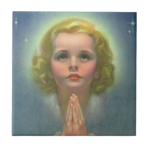 Angelic Blond Girl met Halo en Stars Praying Tegeltje