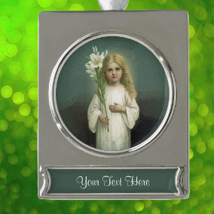  Angelic Girl White dress Lily Flowers Verzilverd Banner Ornament