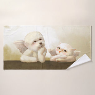 Angelic Hond en Kat op Cloud Badhanddoek