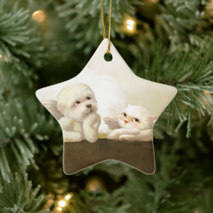 Angelic Hond en Kat op Cloud Keramisch Ornament