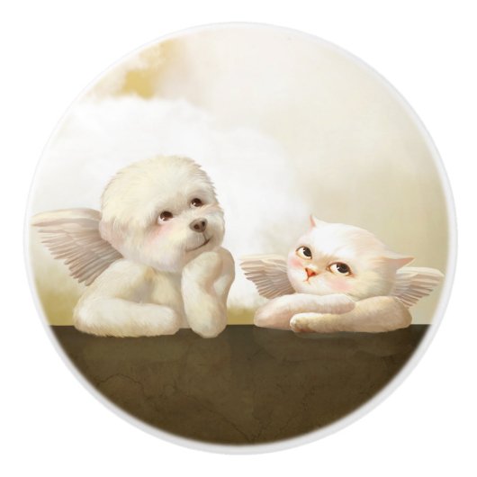 Angelic Hond en Kat op Cloud Keramische Knop (Voorkant)