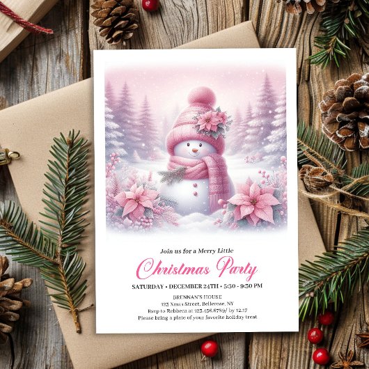 Angelic Pink Snowman Digital Christmas Invitation Kaart