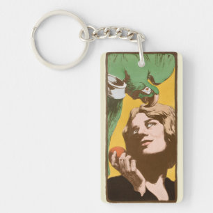 Angelo Jank Art Nouveau vrouw met groene papegaai Sleutelhanger