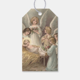  Angels en Baby Jezus in Manger Kerstmis Cadeaulabel