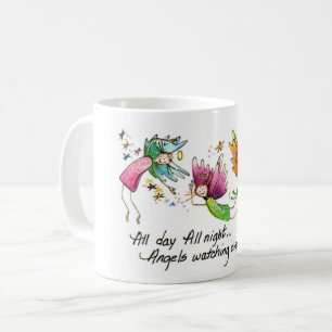 Angels Flying Gelukkig "All Day" Waterverf Schets Koffiemok