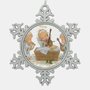 Angels in de kerstmanger Pewter Snowflake of Tin Sneeuwvlok Ornament