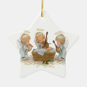Angels in Manger Ceramic Ornament