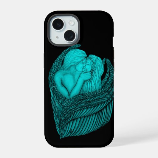 Angels Kissing, zwart en groen design iPhone 15 Case (Achterkant)