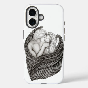 Angels Kissing, zwart-wit design iPhone 16 Hoesje