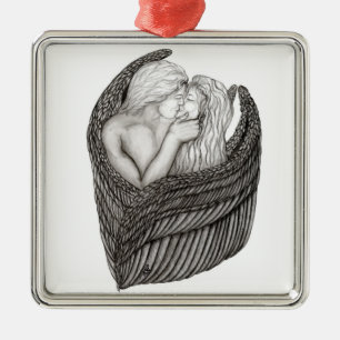 Angels Kissing, zwart-wit design Metalen Ornament