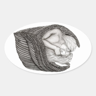 Angels Kissing, zwart-wit design Ovale Sticker