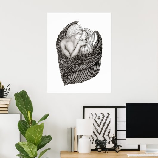 Angels Kissing, zwart-wit design Poster (Thuiskantoor)