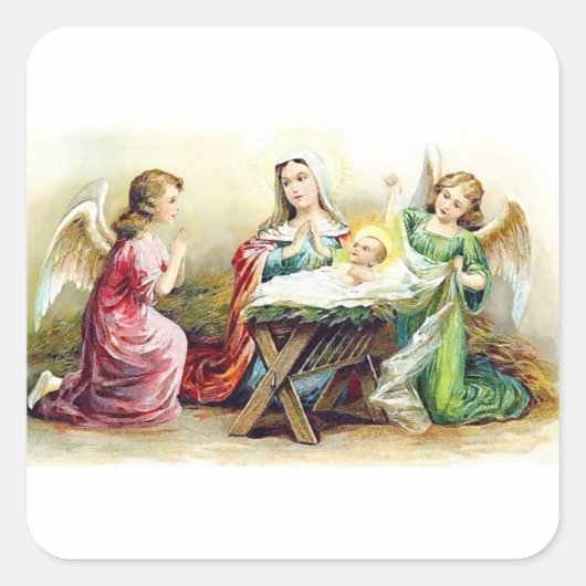  Angels omringend Baby Jezus en Mary Vierkante Sticker (Voorkant)