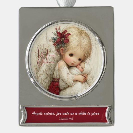 Angels Rejoice – Sacred Christmas Blessing Verzilverd Banner Ornament (Voorkant)
