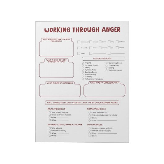 Anger Worksheet Notitieblok voor verdriet & booshe (Linkerzijde)
