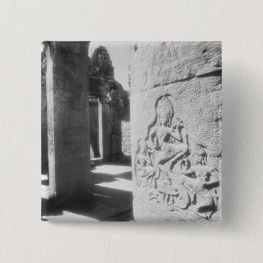 Angkor Cambodja, Apsara beeldhouwwerk De Bayon 2 Vierkante Button 5,1 Cm (Voorkant)