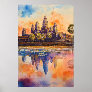 Angkor Wat Aquarel Reizen Vintage Nationaal Poster