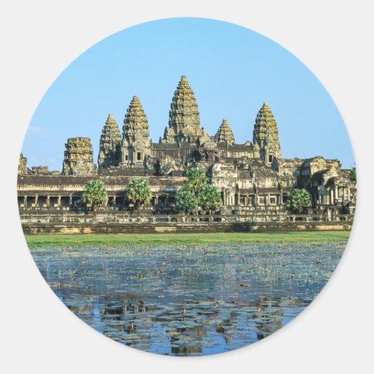 Angkor Wat en reflectie in het meer - Cambodja Ronde Sticker (Voorkant)