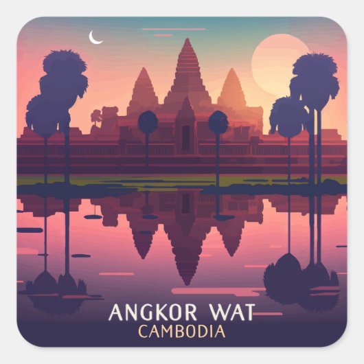 Angkor Wat Sunrise Cambodia Siem Reap Retro Vierkante Sticker (Voorkant)