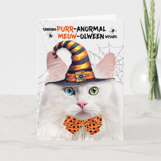 Angora Halloween Cat PURRanormale MEOWolween Feestdagen Kaart (Voorkant)