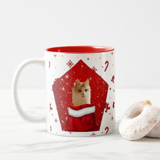 Angora Kat Kerst  Tweekleurige Koffiemok (Met donut)