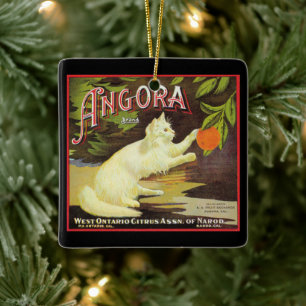 Angora White Cat Citrus Fruit Label Keramisch Ornament