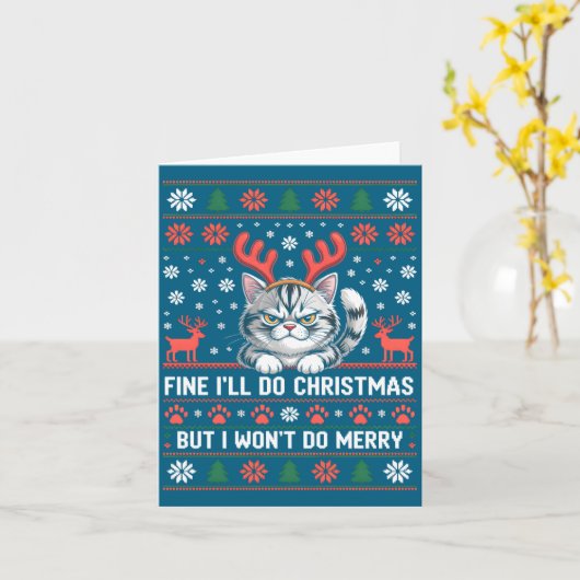 Angry Antler Cat Funny Xmas Ugly Sweater Long Slee Kaart (Gele Bloem)