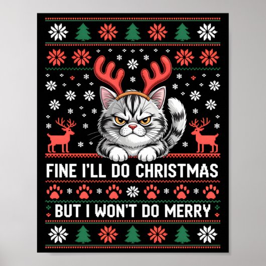 Angry Antler Cat Funny Xmas Ugly Sweater Long Slee Poster (Voorkant)