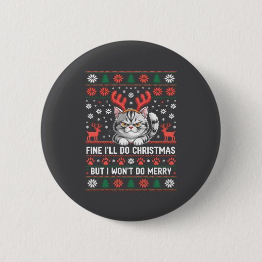 Angry Antler Cat Funny Xmas Ugly Sweater Long Slee Ronde Button 5,7 Cm (Voorkant)