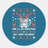 Angry Antler Cat Funny Xmas Ugly Sweater Long Slee Ronde Sticker (Voorkant)