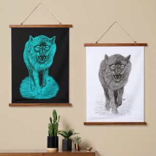 Angry Black Wolf in de nacht Hangend Wandkleed